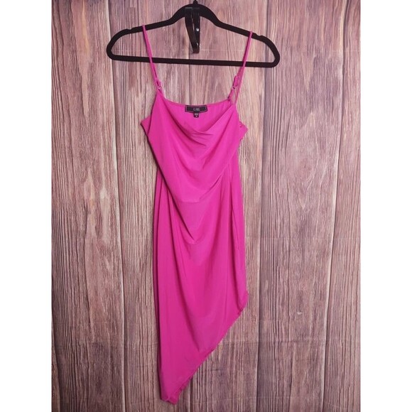 Vibe Dresses & Skirts - VIBE Sportswear Hot Pink Cowl Neck Asymmetrical Tulip Hem Midi Dress Size M